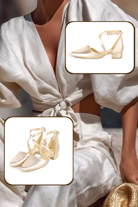Dress heels closed-back crossed straps in gold leather with low block heels and round toe - Worn view